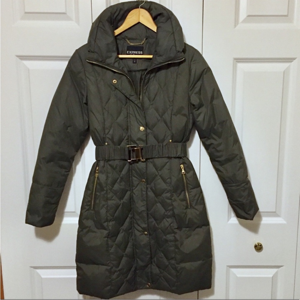 Express Down Puffer Quilted Jacket Army Green Long